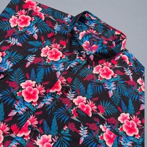 Retro Rifle Tropical Fields Button Up Shirt Mens XL Black Floral Print Stretch